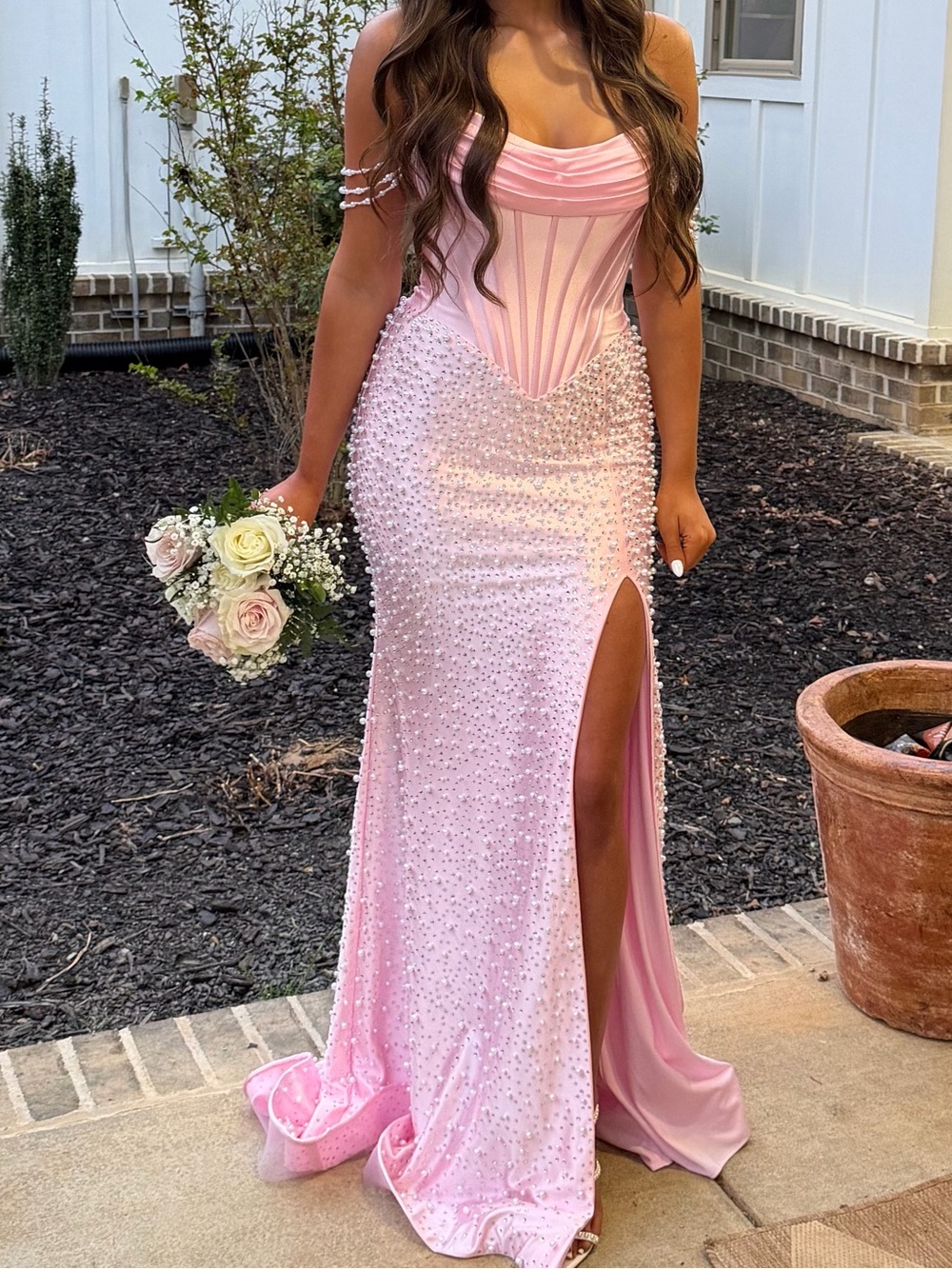 Sherri Hill Light Pink Pearl Beaded Corset Gown **missing beaded straps** - Picture 2 of 3
